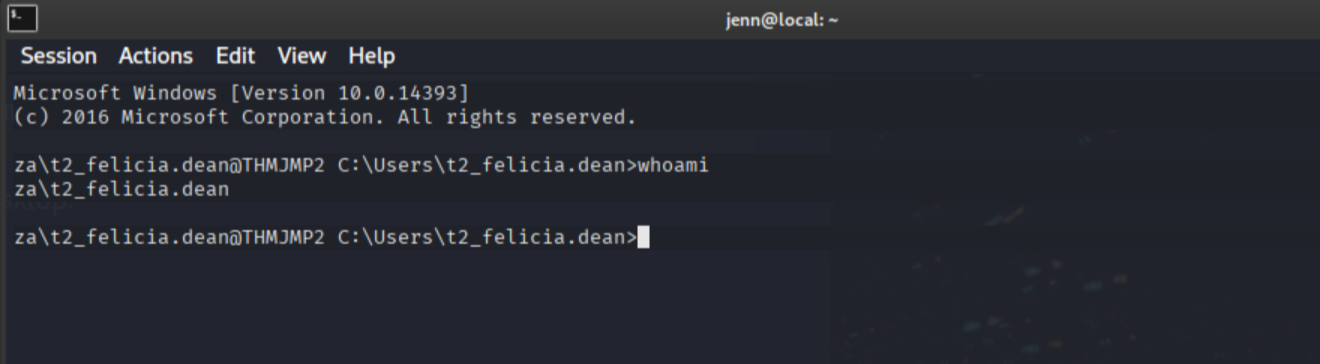 SSH into THMJMP2 as t2_felicia.dean, whoami confirming identity
